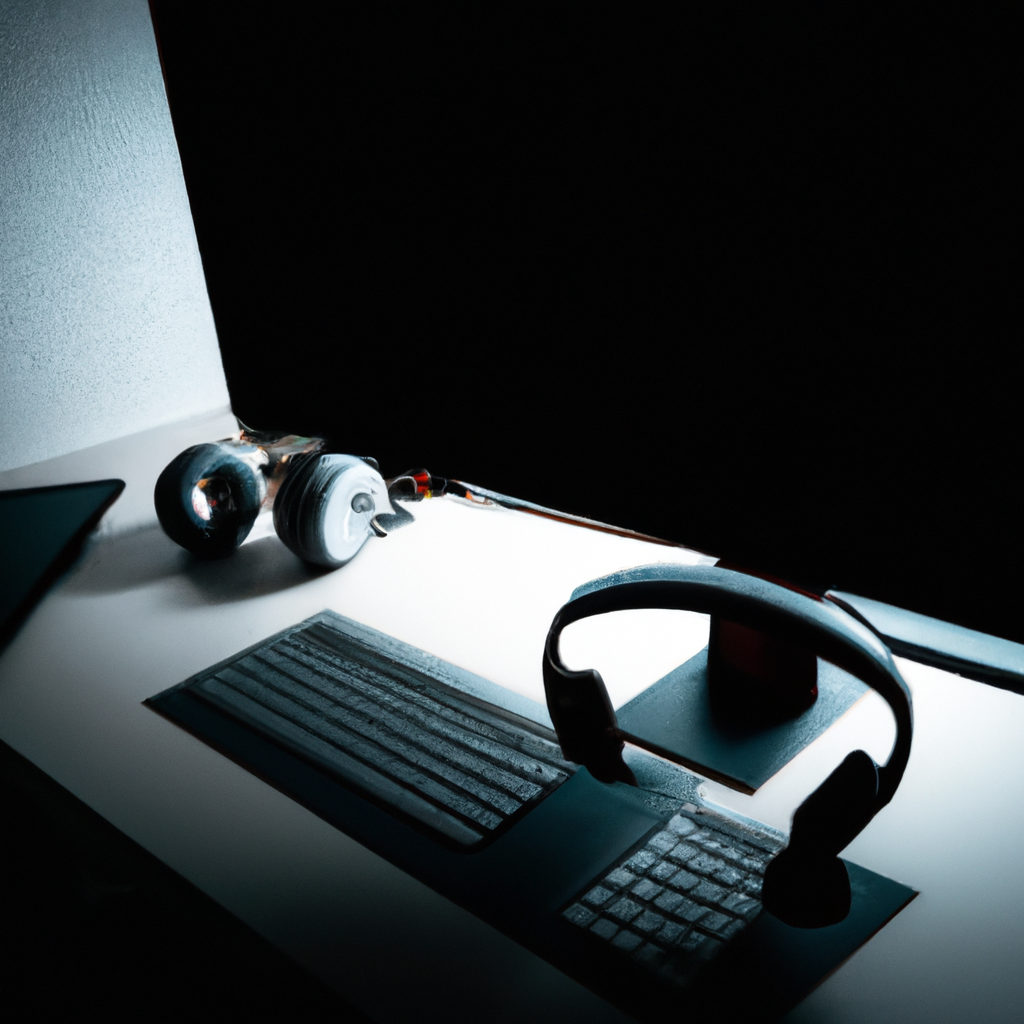 Minimalist high-contrast video editing workspace with dual monitors and headphones